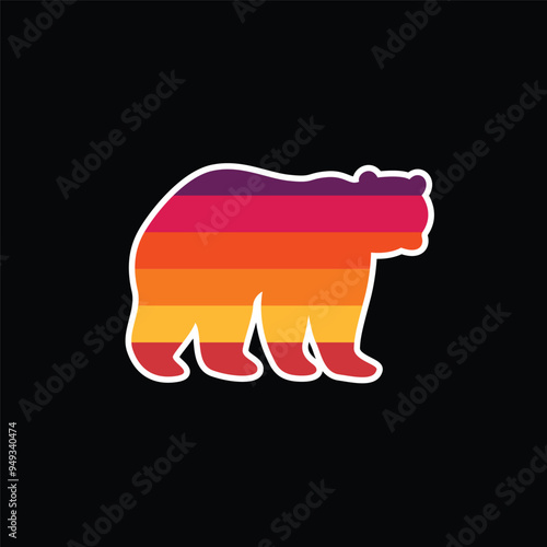 The silhouette of a bear in a retro sunset. Original vector illustration in vintage style isolated on black background.