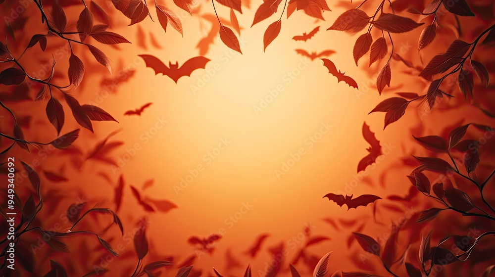 A spooky autumn scene featuring silhouetted bats flying against an orange gradient background surrounded by leaves. A spooky autumn scene featuring silhouetted bats flying against an orange gradient background surrounded by leaves.