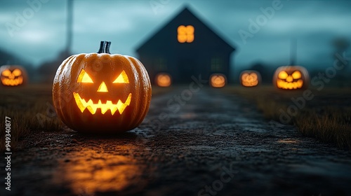 A spooky Halloween scene featuring a glowing jack-o'-lantern on a dark path leading to a haunted house. photo