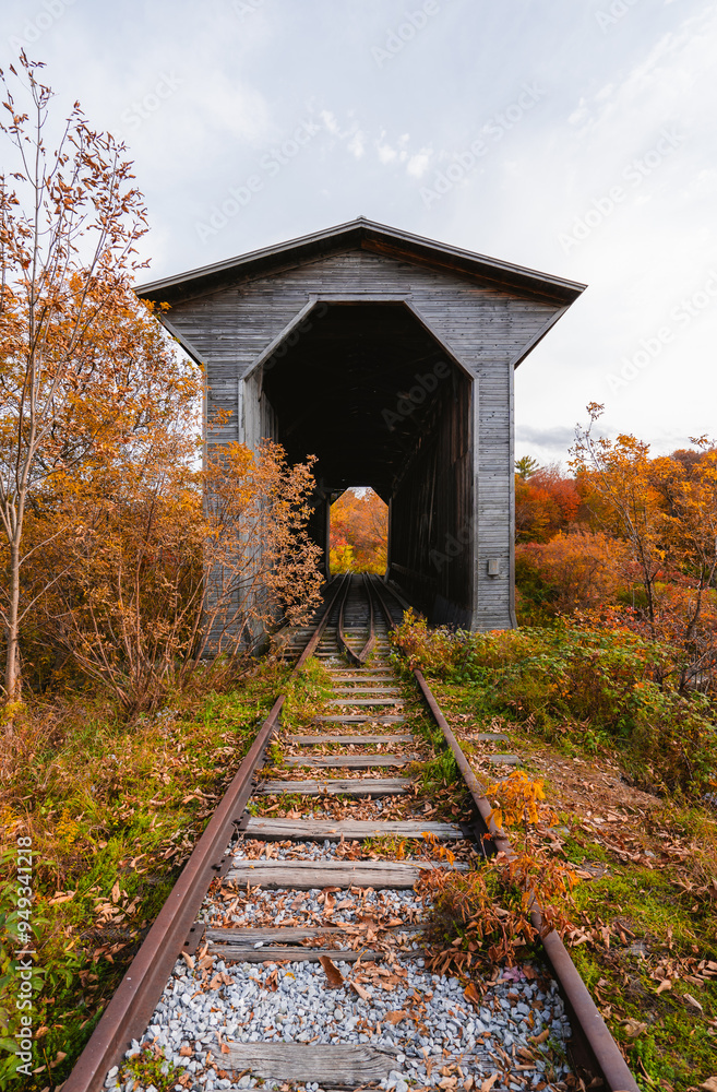 Railroad Tracks Through Covered Bridge in Stowe Vermont, USA in Autumn. Fall Foliage Overgrown Old Historic Train Yellow Leaves on Track Day Railroad Tracks Through Covered Bridge in Stowe Vermont, USA in Autumn. Fall Foliage Overgrown Old Historic Train Yellow Leaves on Track Day