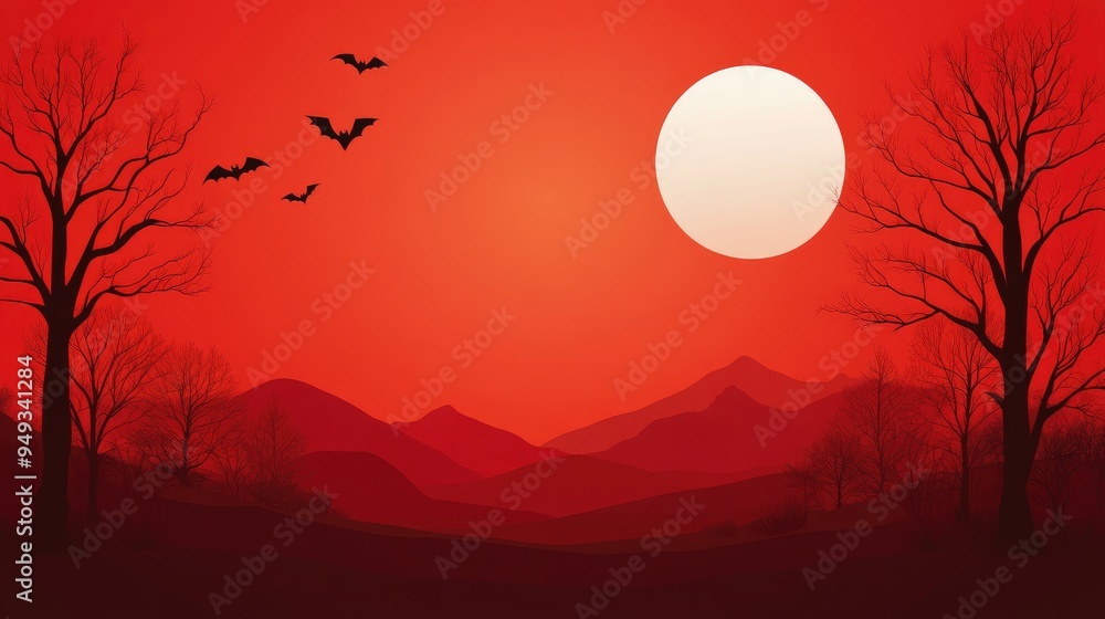 Fototapeta premium A striking silhouette of bats flying against a vibrant red sunset, showcasing a dramatic landscape with foreboding trees.