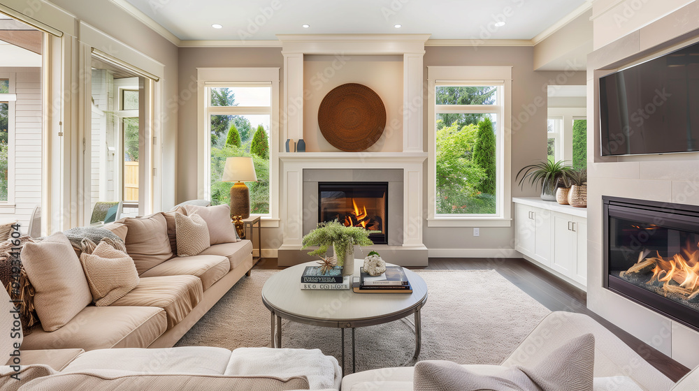 Cozy living room with a sectional sofa, round coffee table, and a fireplace.
Cozy living room with a sectional sofa, round coffee table, and a fireplace.