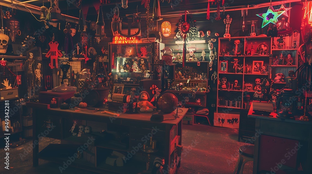 Pawn shop during a Halloween night with spooky decorations and eerie lighting The shop is filled with creepy old artifacts haunted dolls and mysterious items creating a thrilling atmosphere Pawn shop during a Halloween night with spooky decorations and eerie lighting The shop is filled with creepy old artifacts haunted dolls and mysterious items creating a thrilling atmosphere