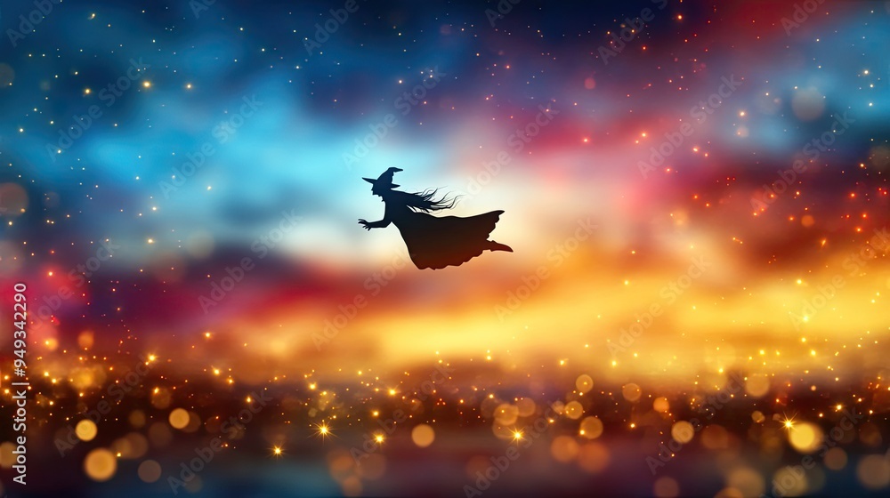 Naklejka premium A whimsical silhouette of a witch flying through a vibrant, starry sky filled with enchanting colors and shimmering lights.