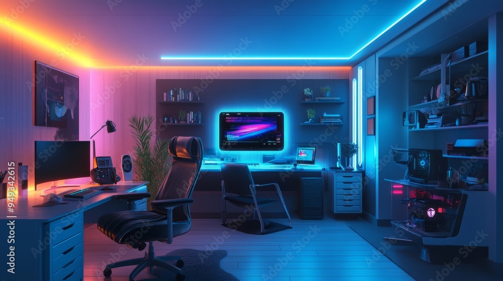Futuristic High-Tech Home Office with Holographic Desk and AI-Powered Productivity Tools Futuristic High-Tech Home Office with Holographic Desk and AI-Powered Productivity Tools
