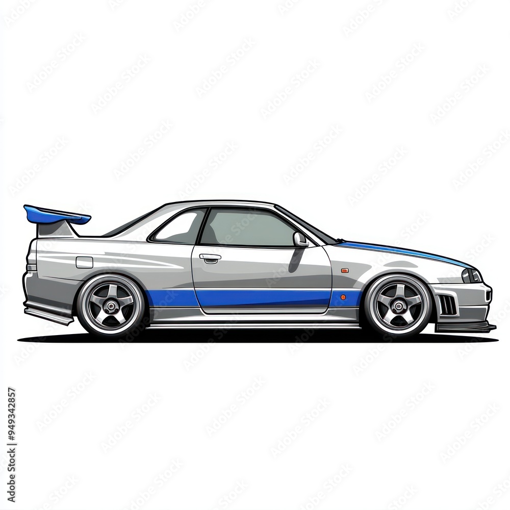 Illustration of a Silver and Blue Sport Coupe with a Spoiler Illustration of a Silver and Blue Sport Coupe with a Spoiler