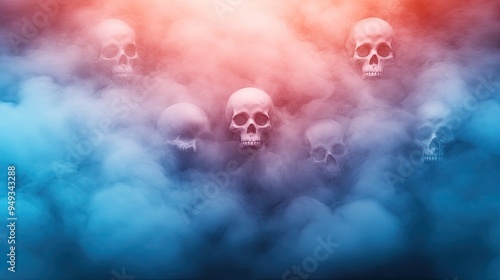 Mysterious skulls emerge from colorful fog, creating a haunting atmosphere perfect for Halloween or horror-themed projects. photo