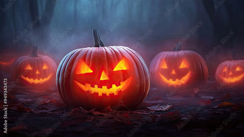 Spooky Halloween pumpkins glow in a misty forest, creating an eerie ambiance perfect for festive decorations and themes. Spooky Halloween pumpkins glow in a misty forest, creating an eerie ambiance perfect for festive decorations and themes.