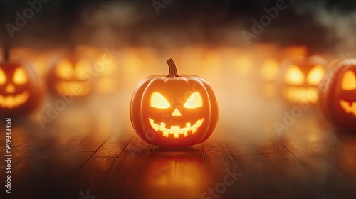 Spooky Halloween pumpkin with a sinister grin glowing in the dark, surrounded by other carved pumpkins on a wooden floor. photo