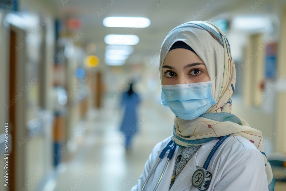 A doctor examining a patient while wearing a surgical mask and stethoscope A doctor examining a patient while wearing a surgical mask and stethoscope