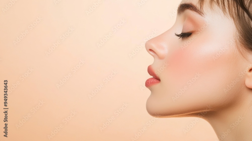 Serene Beauty: A young woman with flawless skin and a peaceful expression graces a soft peach background, her profile highlighting the elegance of her features. Serene Beauty: A young woman with flawless skin and a peaceful expression graces a soft peach background, her profile highlighting the elegance of her features.