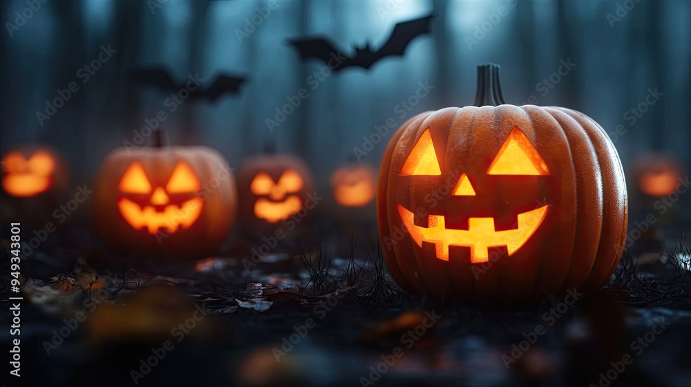 Spooky Halloween scene with glowing jack-o'-lanterns and bats in a mysterious forest. Perfect for festive celebrations. Spooky Halloween scene with glowing jack-o'-lanterns and bats in a mysterious forest. Perfect for festive celebrations.