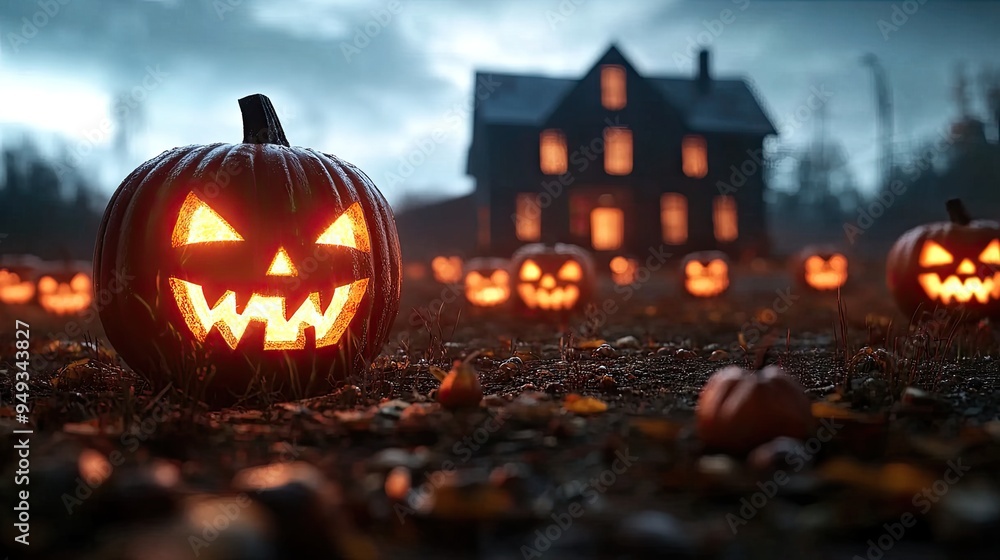 Spooky Halloween scene with glowing jack-o'-lanterns surrounding a haunted house at dusk. Spooky Halloween scene with glowing jack-o'-lanterns surrounding a haunted house at dusk.