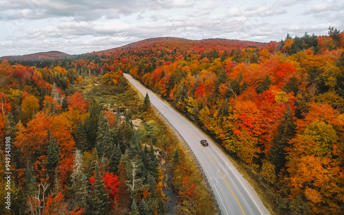 Car Driving New England Beautiful Fall Scenery Aerial View From Drone of Road Leading Through Forest of Colorful Foliage Scenic Byway
