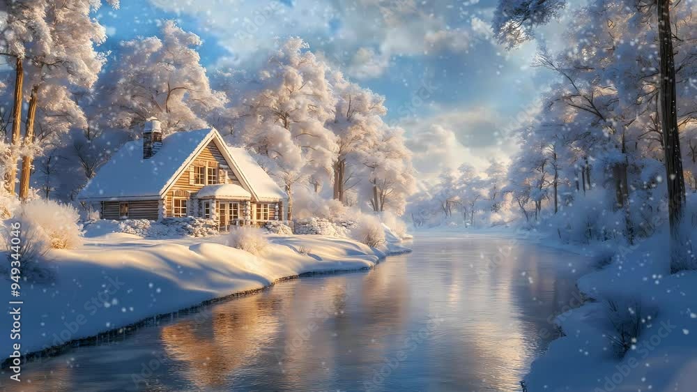 Charming snowy house by a frozen lake in a serene winter landscape Seamless looping 4k time-lapse virtual video animation background. Charming snowy house by a frozen lake in a serene winter landscape Seamless looping 4k time-lapse virtual video animation background.