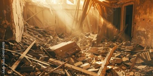 Collapsed building filled with debris photo