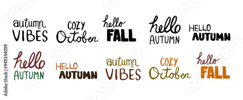 Set of autumn typography. Autumnal hand drawn lettering collection. Vector illustration. Fall greetings for seasonal card or social media.