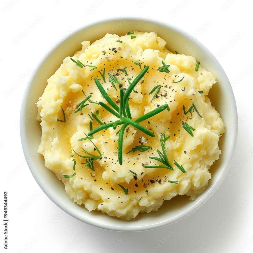 A side of mashed potatoes garnished with fresh parsley and dill. A side of mashed potatoes garnished with fresh parsley and dill.