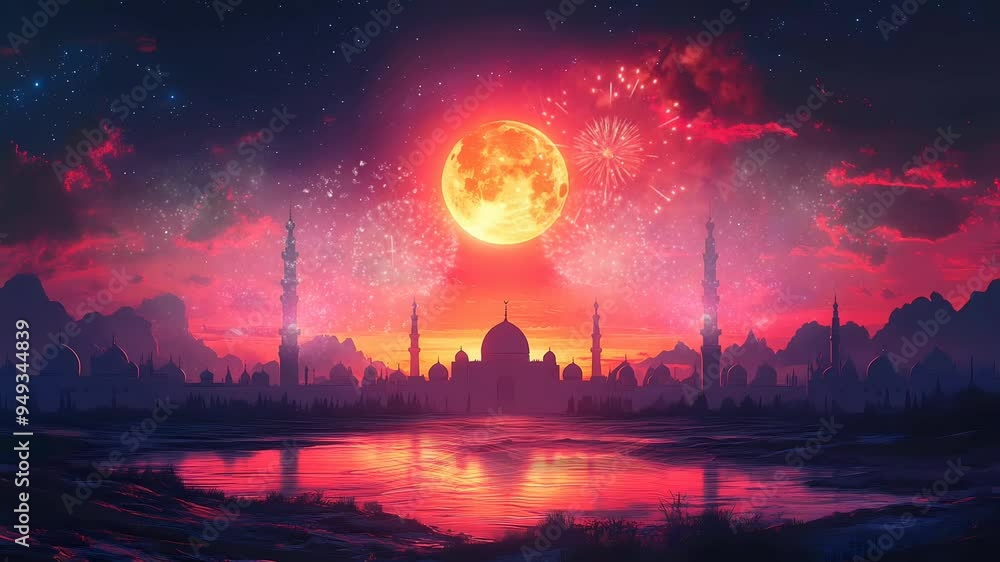 silhouette mosque at sunset with fireworks silhouette mosque at sunset with fireworks