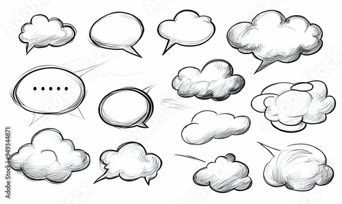 Hand drawn sketch of speech bubbles in different shapes.