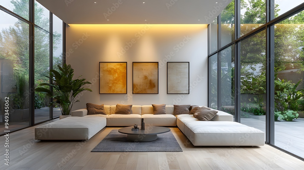 A minimalist living room with a modern aesthetic, featuring a streamlined sectional, a minimalist coffee table, and soft lighting. A minimalist living room with a modern aesthetic, featuring a streamlined sectional, a minimalist coffee table, and soft lighting.