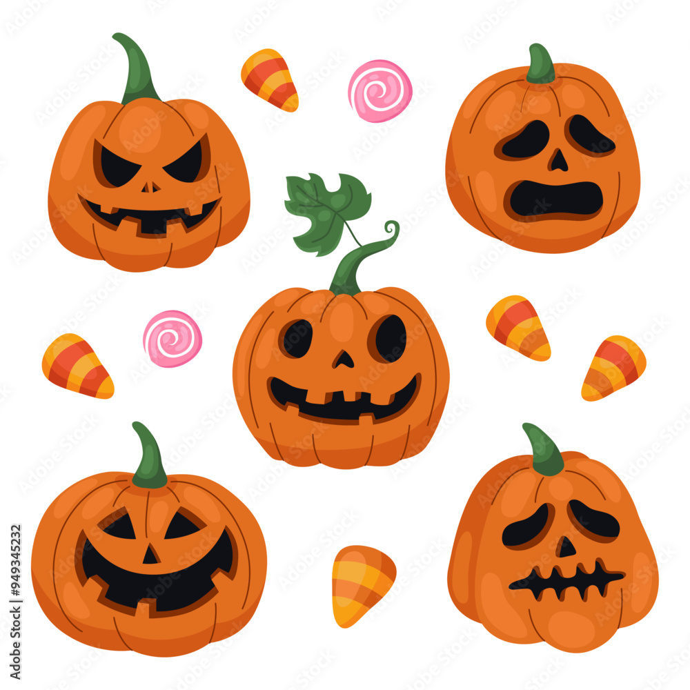 Vector set of different halloween pumpkins and corn candies. Jack-o-lanterns. Stickers, characters, different emotions. Vector set of different halloween pumpkins and corn candies. Jack-o-lanterns. Stickers, characters, different emotions.
