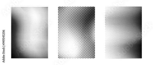 Grunge halftone gradient background set. White and black grit sand noise texture collection. Retro dotted pixelated raster backdrop pack. Cartoon polka dot overlay for banner, poster, print. Vector