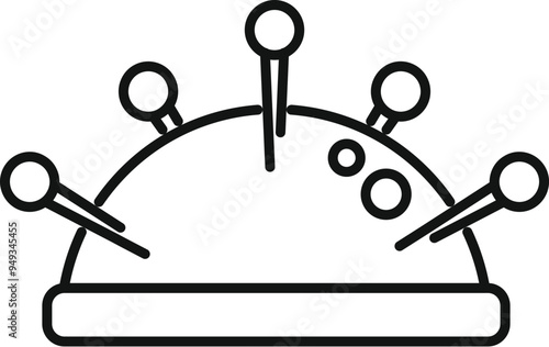 Simple line drawing of a classic pincushion with pins, a must have tool for any sewing enthusiast or professional tailor