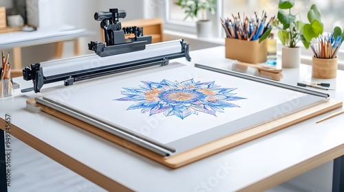 Silkscreen frame with a complex mandala design ready to be printed on T-shirts photo