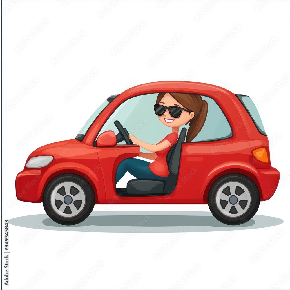 Cartoon Illustration of a Woman Driving a Red Car Cartoon Illustration of a Woman Driving a Red Car
