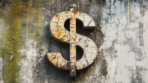 Rusty dollar sign on decayed wall symbolizing financial decline