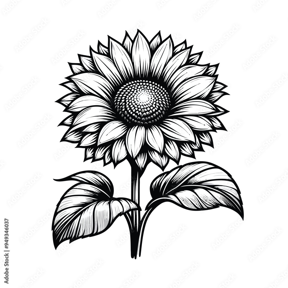 Fototapeta premium A single sunflower with large, bold petals and thick stem, set against a simple white background