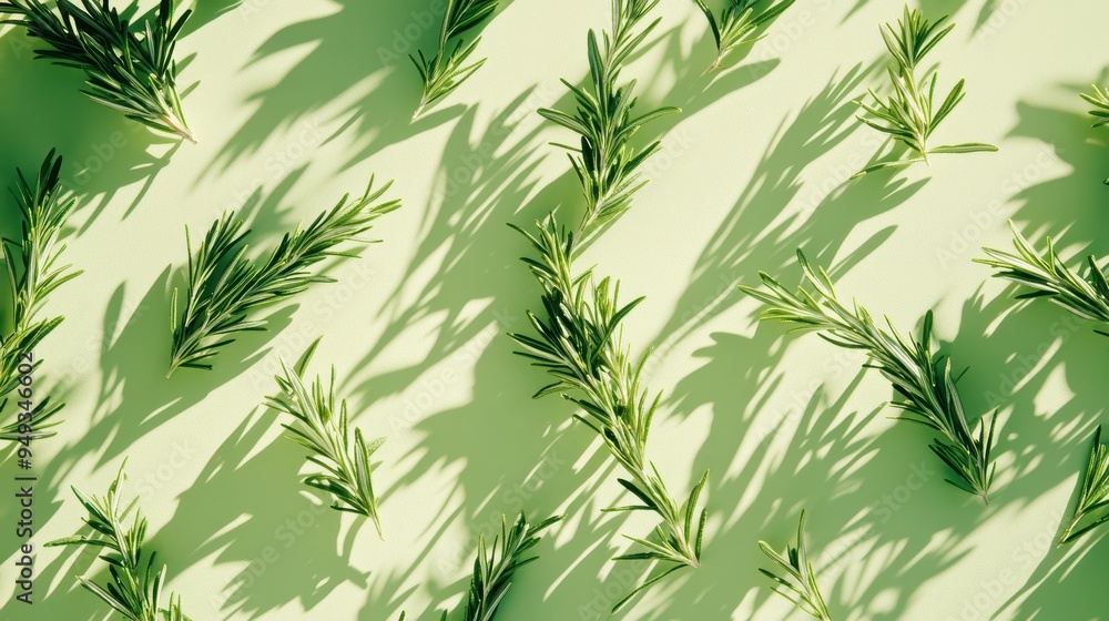 Delicate rosemary sprigs are laid out on a light green backdrop, their shadows creating an intricate pattern in the afternoon light Delicate rosemary sprigs are laid out on a light green backdrop, their shadows creating an intricate pattern in the afternoon light