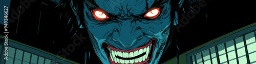 Close-up of menacing character with glowing red eyes and sinister smile, set against a dark, ominous background, ideal for horror themes