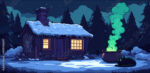 Cozy snow-covered cabin in the woods with a cauldron emitting green smoke, accompanied by a black cat, creating a mysterious winter scene