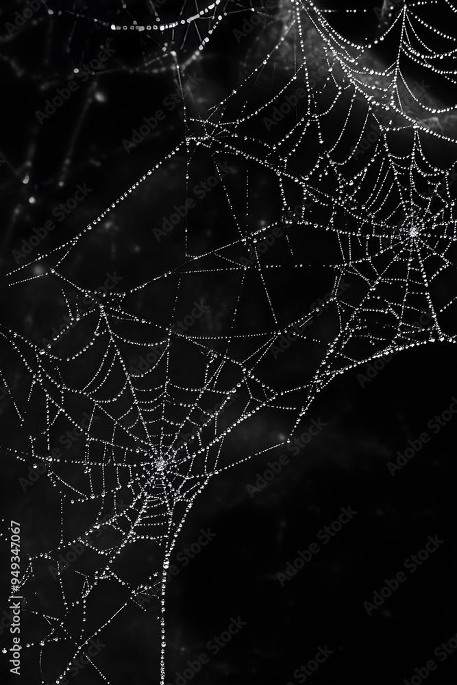 Creepy white spider web of wild spider with tiny drops of water shining in light on black background. Scary cobweb for Halloween party. Closeup backdrop with copy space Creepy white spider web of wild spider with tiny drops of water shining in light on black background. Scary cobweb for Halloween party. Closeup backdrop with copy space