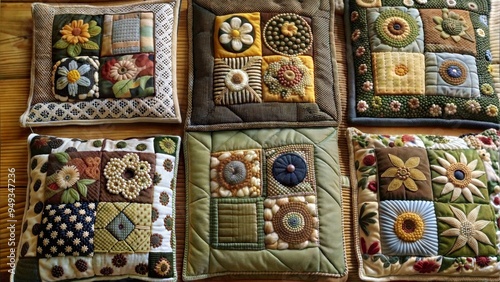 Vintage pillow handmade in patchwork style.Applique and embroidery in patchwork.Beautiful needlework in the interior of your home.Textile decoration