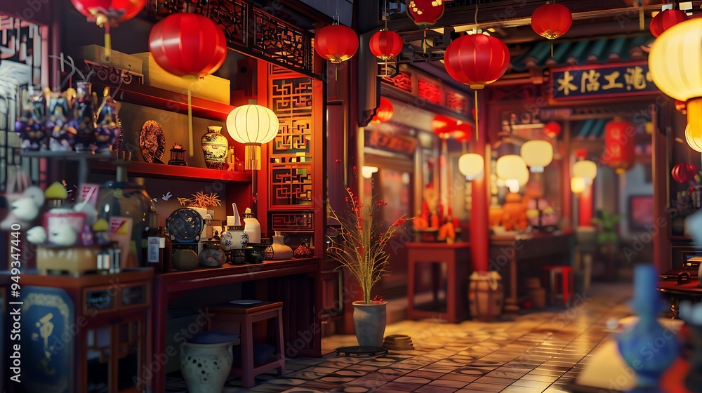 Pawn shop during lunar new year celebration red lanterns and festive decorations The shop is filled with traditional items rare antiques and cultural artifacts adding to the celebratory atmosphere Pawn shop during lunar new year celebration red lanterns and festive decorations The shop is filled with traditional items rare antiques and cultural artifacts adding to the celebratory atmosphere