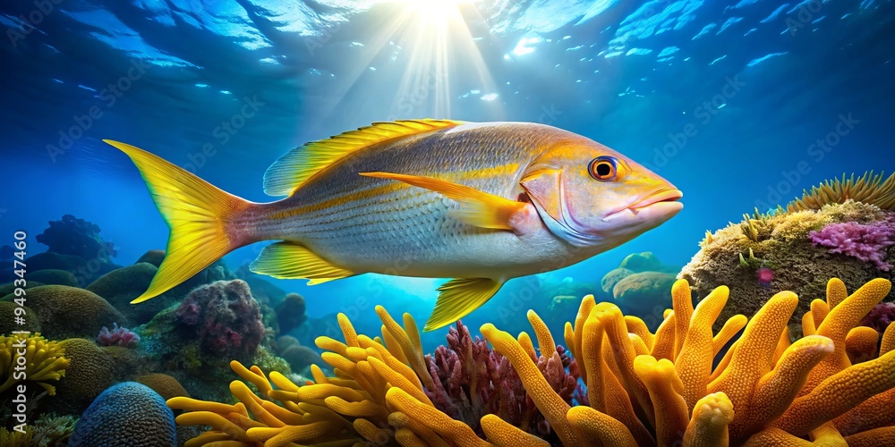 Naklejka premium In the softbox of coral, a yellowtail snapper's electric blue fins and vibrant tail flutter playfully, as it disappears into the ocean's gentle twilight, surrounded by swaying seaweed