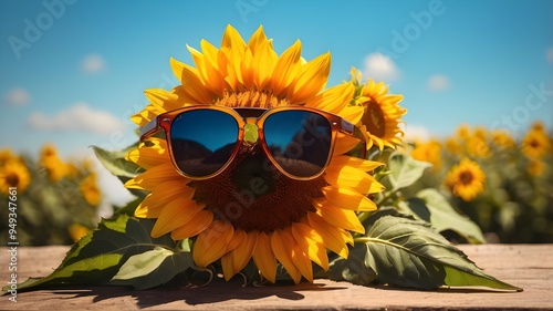 A vibrant sunflower with a cool pair of sunglasses, basking in the warm rays of the sun. photo