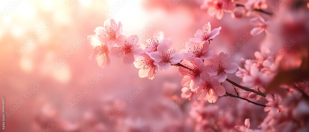 Pink cherry blossoms in bloom, soft light, spring Pink cherry blossoms in bloom, soft light, spring