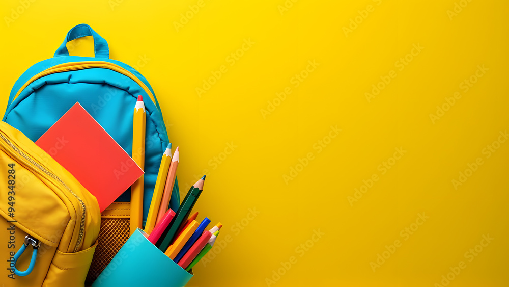 Fototapeta premium A Backpack with a clock and school Supplies yellow background. Back to school concept. Welcome back to school poster or background design with school equipment's, AI Generated