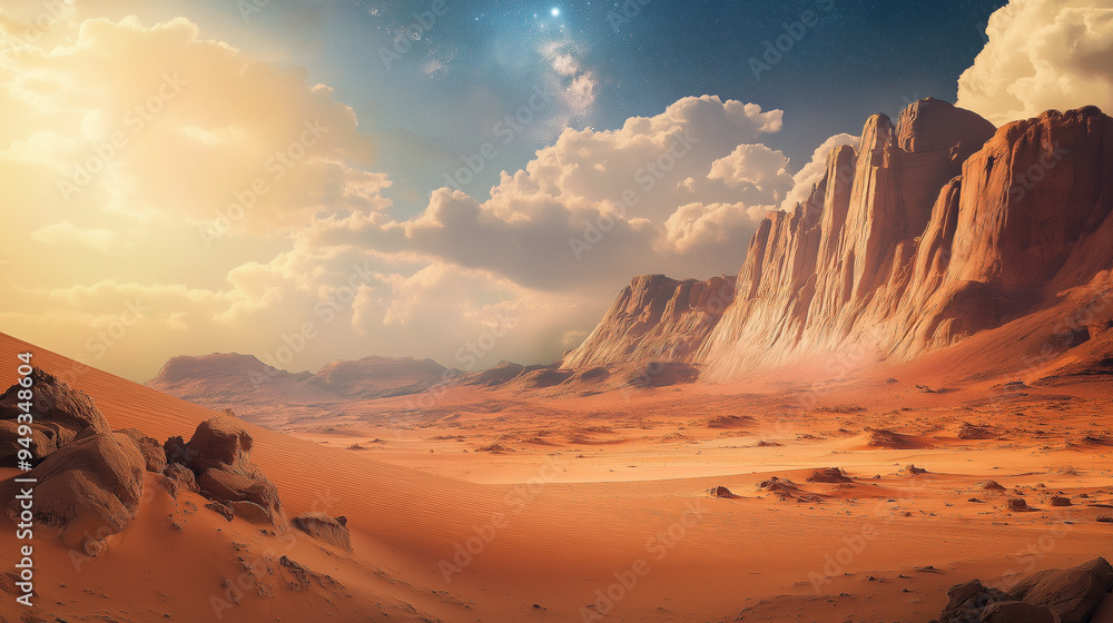 Naklejka premium Imaginative Desert Scene with Realistic and Futuristic Elements Creating a Surreal Landscape