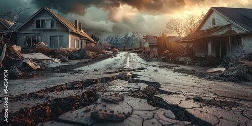 Landslide triggered by heavy rains from Hurricane CHRISTI Cracked asphalt road altered by the earthquake Homes in the cottages show significant damage with large fissures and debris scattere photo