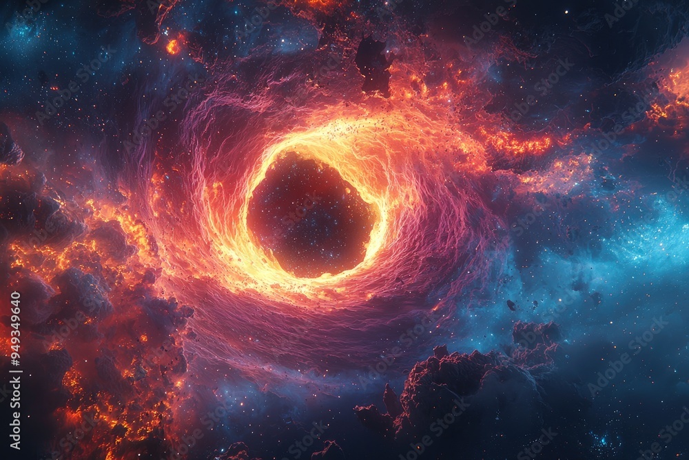 Cosmic black hole with fiery nebula energy swirling around it Cosmic black hole with fiery nebula energy swirling around it