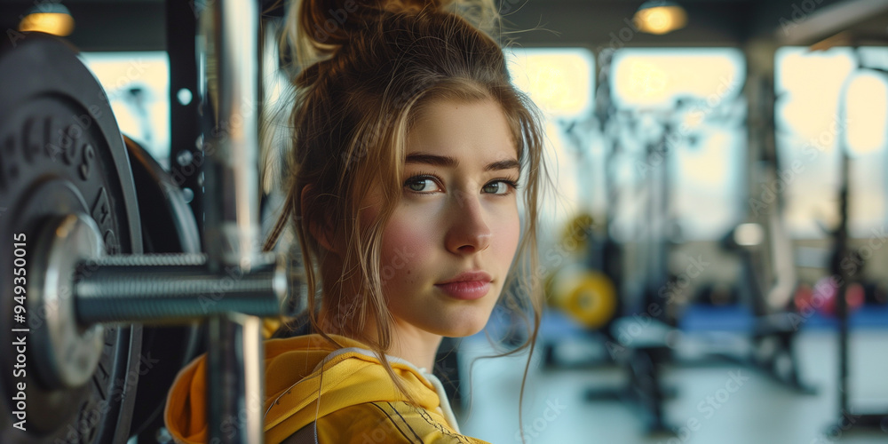 Obraz premium A woman with a ponytail is standing in front of a weight rack