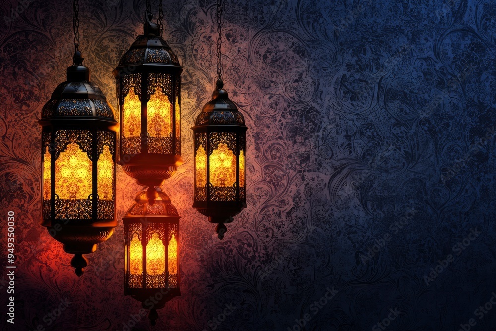 Obraz premium Islamic pattern background with hanging lanterns with generative ai