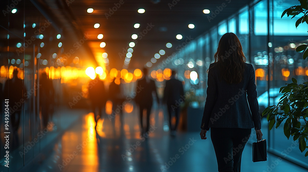 A woman walks through a busy city street with people around her A woman walks through a busy city street with people around her