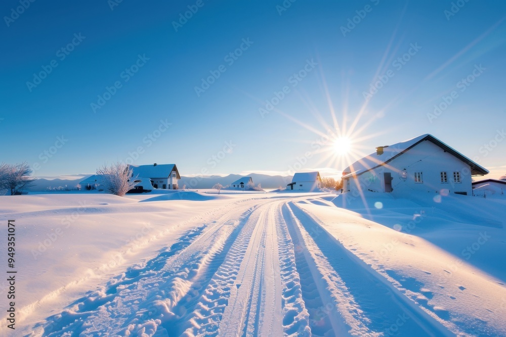 Tranquil winter scene with sunlight illuminating snowy path leading to cozy, snow-covered houses under clear blue sky. Tranquil winter scene with sunlight illuminating snowy path leading to cozy, snow-covered houses under clear blue sky.