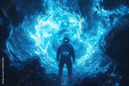 Diver exploring an underwater ice cave with glowing blue and white ice formations